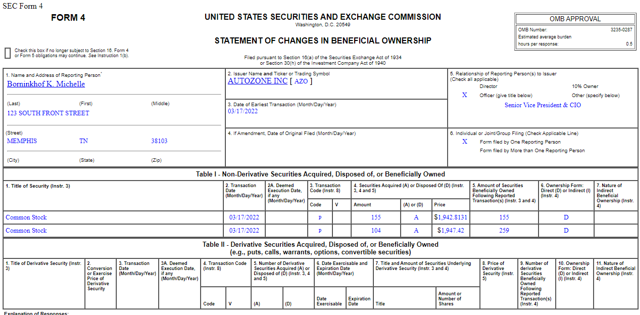 SEC Form 4 Autozone