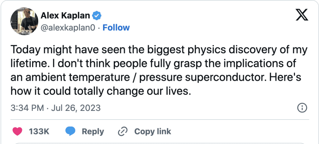 Alex Kaplan tweet Viral Room Temperature Superconductor